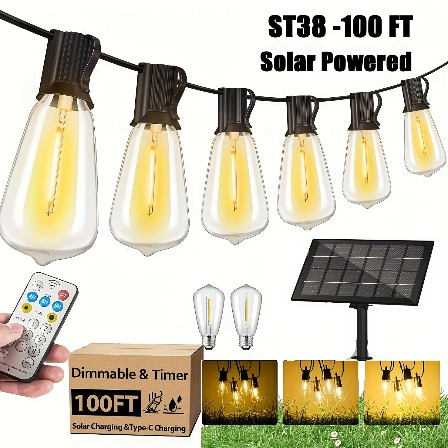 TEMU Solar Outdoor String Lights, 50ft/100ft, Solar Powered Outdoor String Lights, Dimmable Patio Lights With Remote Timer, 8 Light , Hanging Lights