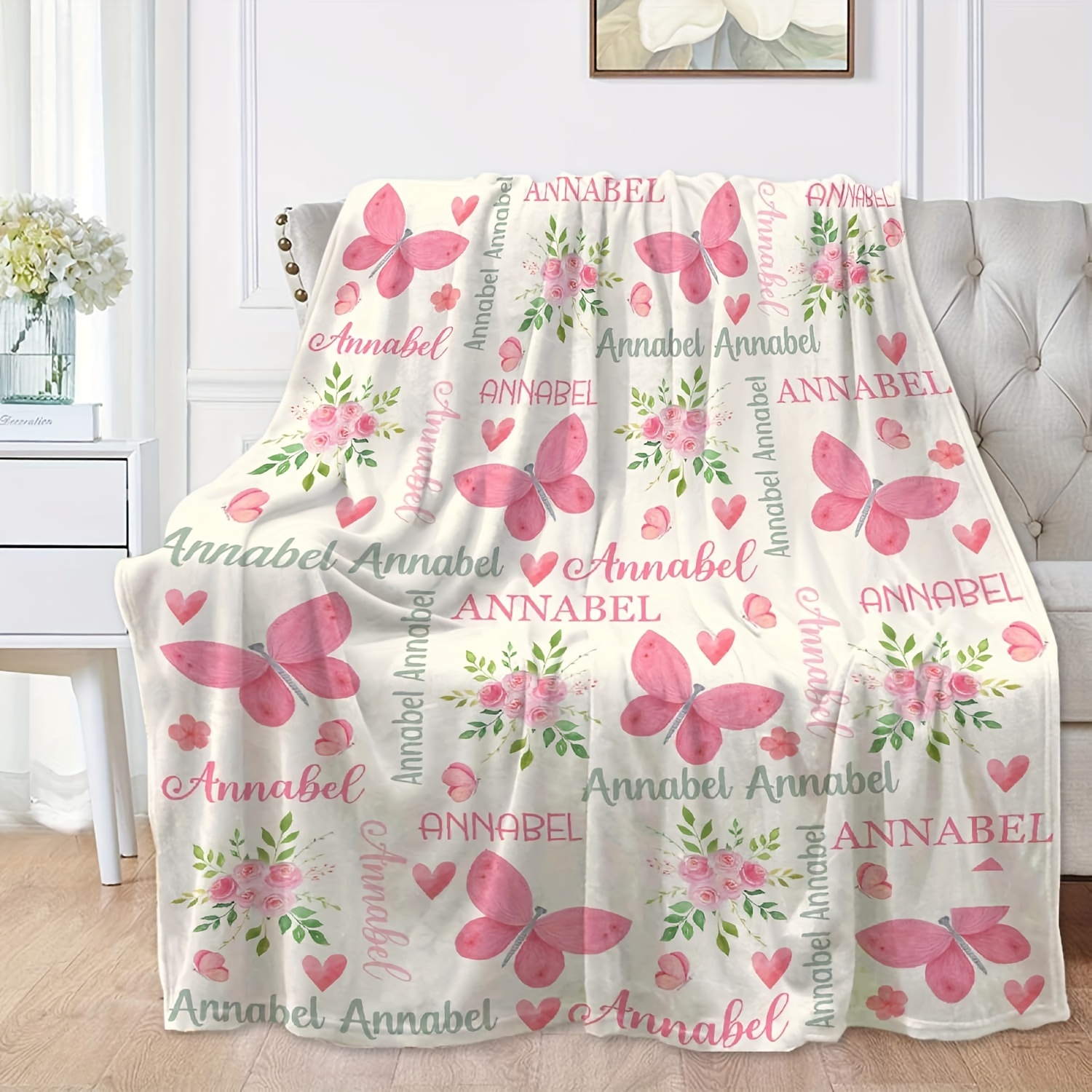 

Custom Name Flannel Throw Blanket - Personalized Floral Design, Soft Comfortable, All-season Hypoallergenic, Machine Washable, Digital Print, Multipurpose Use For Sofa, Beach, Camping, Office - 1pc