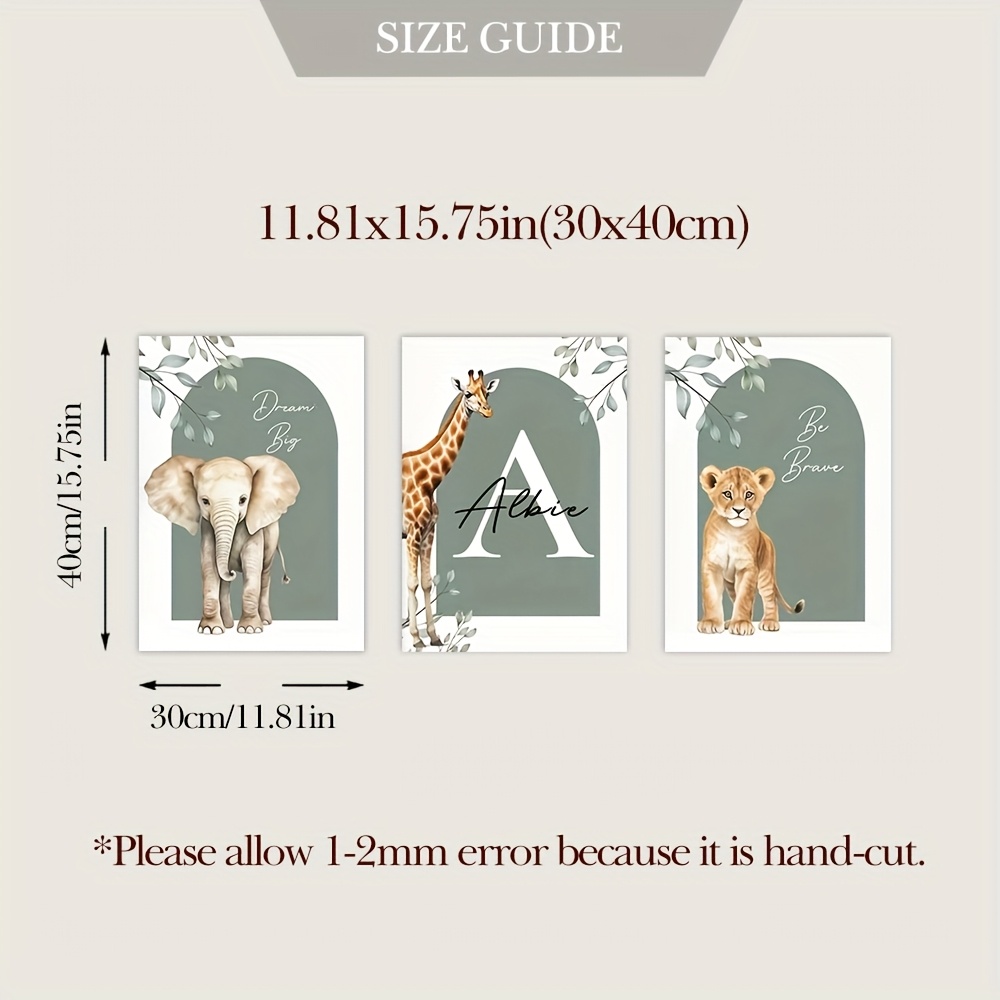 TEMU 3pcs Cartoon Animal Elements Custom Name Wall Art Elephant Giraffe Lion Animal Main Image Nursery Print Personalized Jungle Animal Print