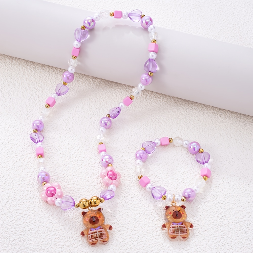 TEMU 2pcs Purple Flower Beaded Capybara Pendant Jewelry Set, Elastic Bracelet And Adjustable Necklace, Cute Fashion Accessories For Girls, Bestie