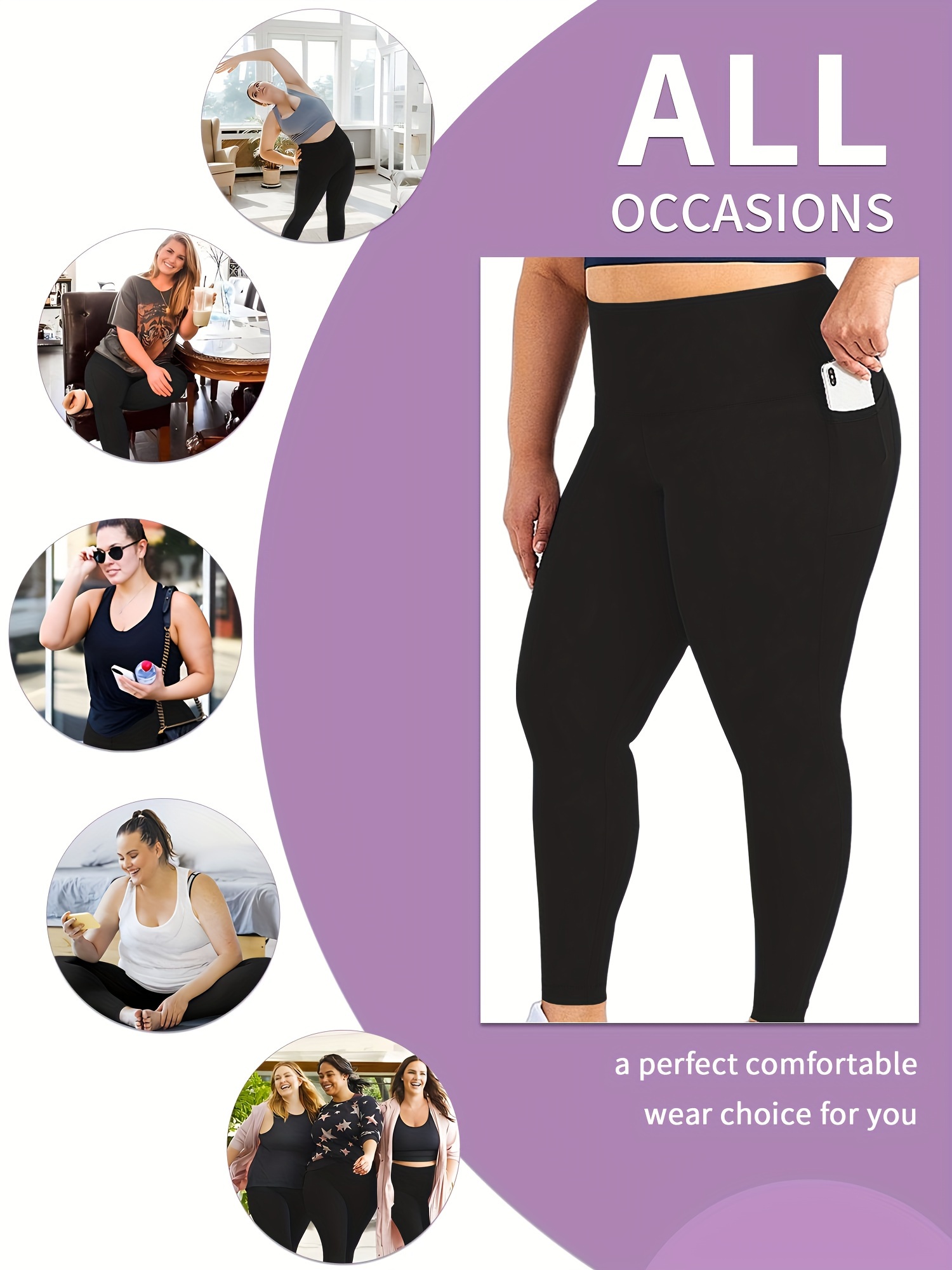 Plus Size High Waist Yoga Pants with Side Pockets - 88% Polyester 12% Elastane Stretchy Tummy Control Leggings, Sculpting Workout Gym Activewear for Women, All-Season Comfort (Machine Washable)