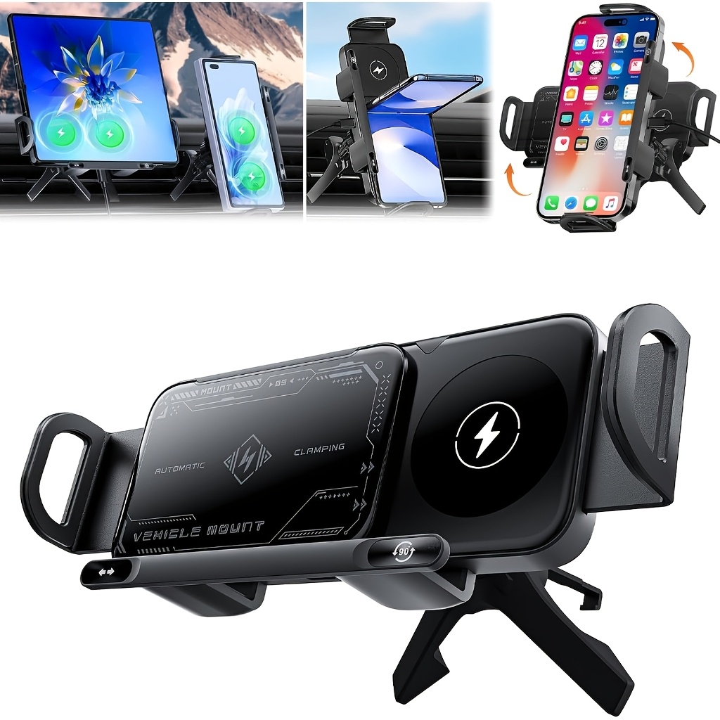 TEMU High Intelligent 2in 1 Auto Rotating Car Cell Phone/pad Holder, Rotatable Car Vent Mount, Wireless Charger, For Smartphone/pad/foldable Phone,