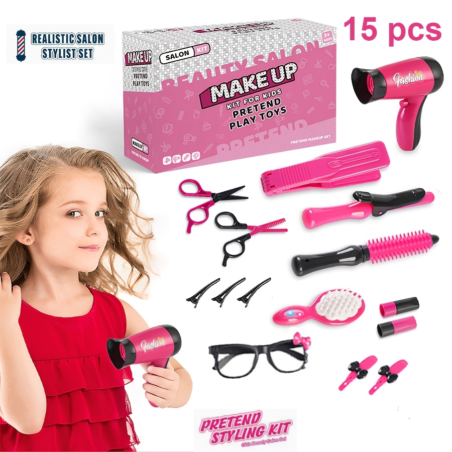 Image of 15pcs Girls' Set, Pretend Haircut Set, Barber Toy With Hair Dryer, Scissors, Haircut Apron, And Styling Additions