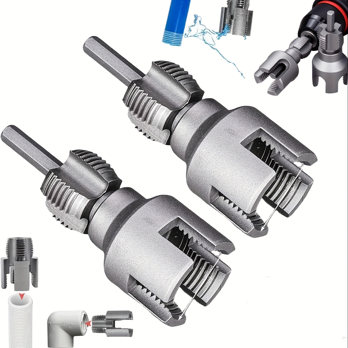 item picture Integrated Internal and External Pipe Threader Tool, 1/2'' 3/4'' 1'' Die Set, Dual-Function Pipe Threading Cutter for PVC Pipes, Compatible with Home Repairs 2pcs-all