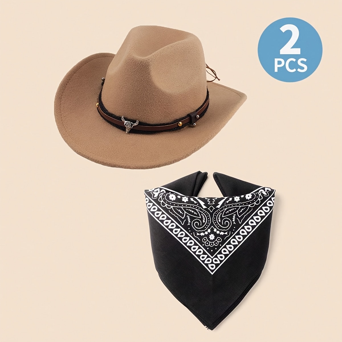 6292 Cowboy Hat With Bandana- Adjustable Wide Brim Western For Men Wowstyle Brown Cowboy Hat, Unisex Felt Wide Brim Fedora with  main image 2