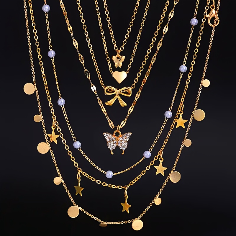 TEMU Juego de 7 piezas: Conjunto de collar de colgante multielemento con , , , estrella y disco circular de pedrería, elegante y con estilo vintage.