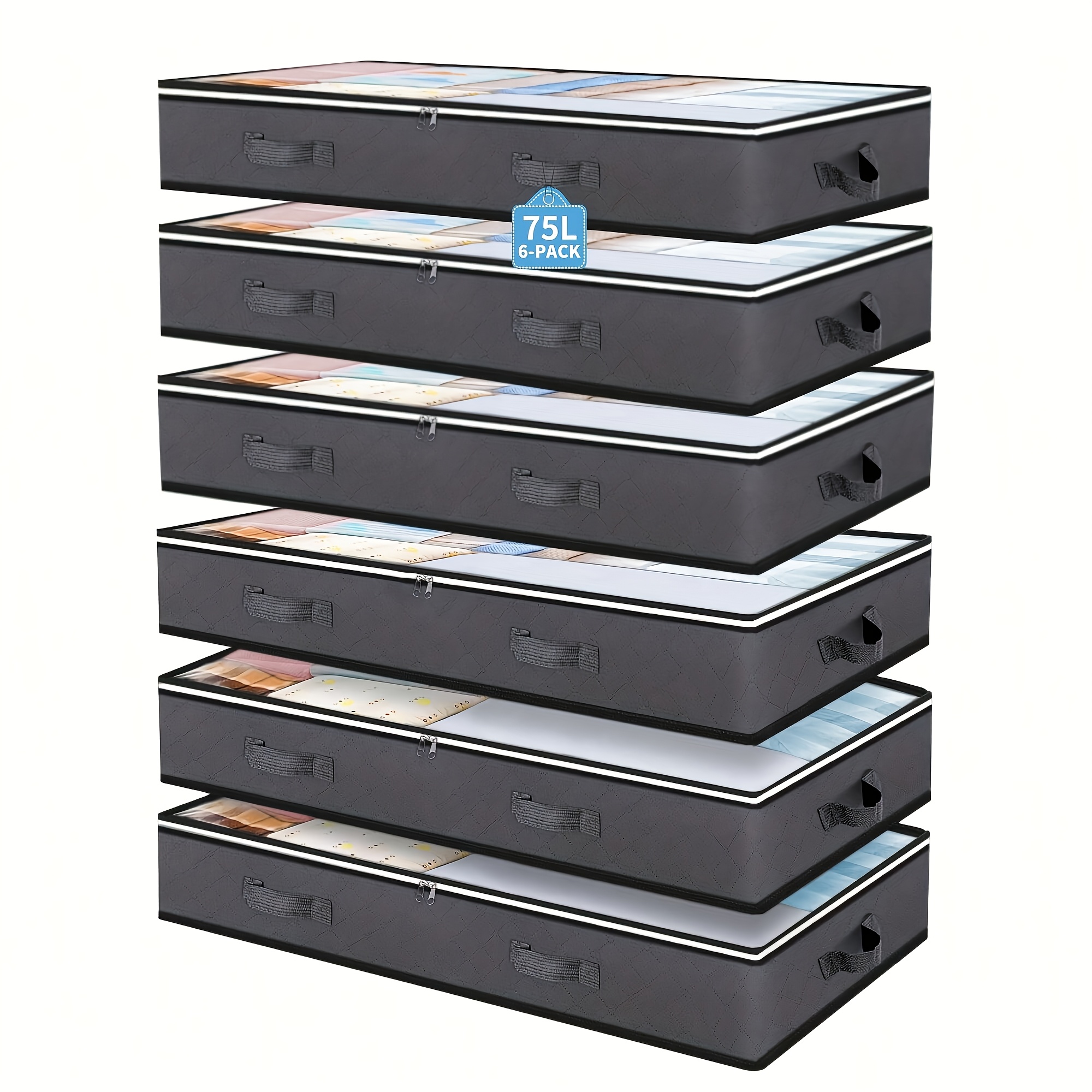 TEMU 6-pack Under-bed Storage Bags, 23.78-gallon Capacity, Foldable Fabric With Zipper Closure, Space-saving Design, Reinforced Handles,