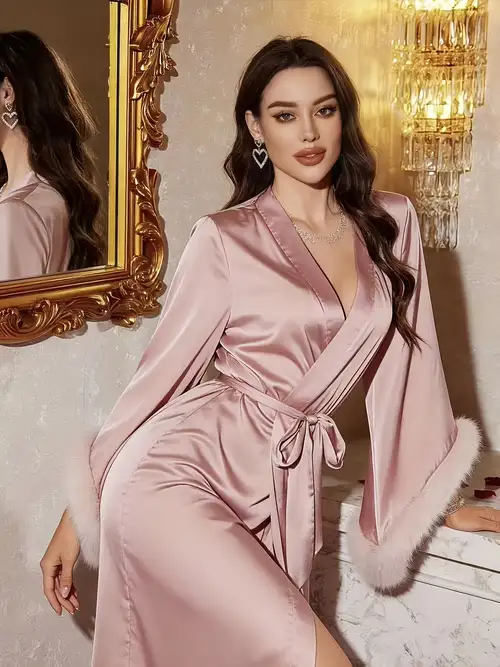Premium Satin Long Robe, Gentle Mocha Pink V-Neck Tie-Front Bathrobe, Plush Cuffs Light * Wear, Comfortable Skin-Friendly Women'S Morning Gown Premium Satin Long Robe, Gentle Mocha Pink V-Neck Tie-Front Bathrobe, Plush Cuffs Light * Wear, Comfortable Skin-Friendly Women'S Morning Gown