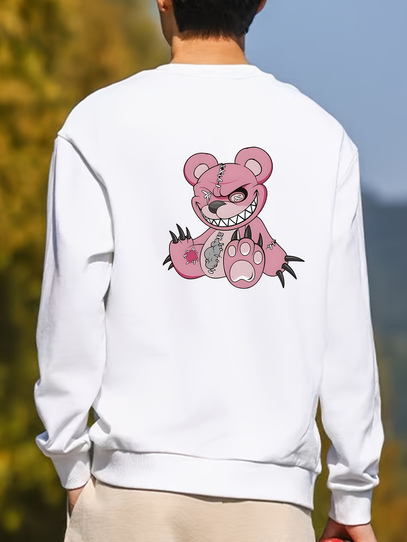 men's ripped bear print hoodie 100% cotton long sleeve crew Temu