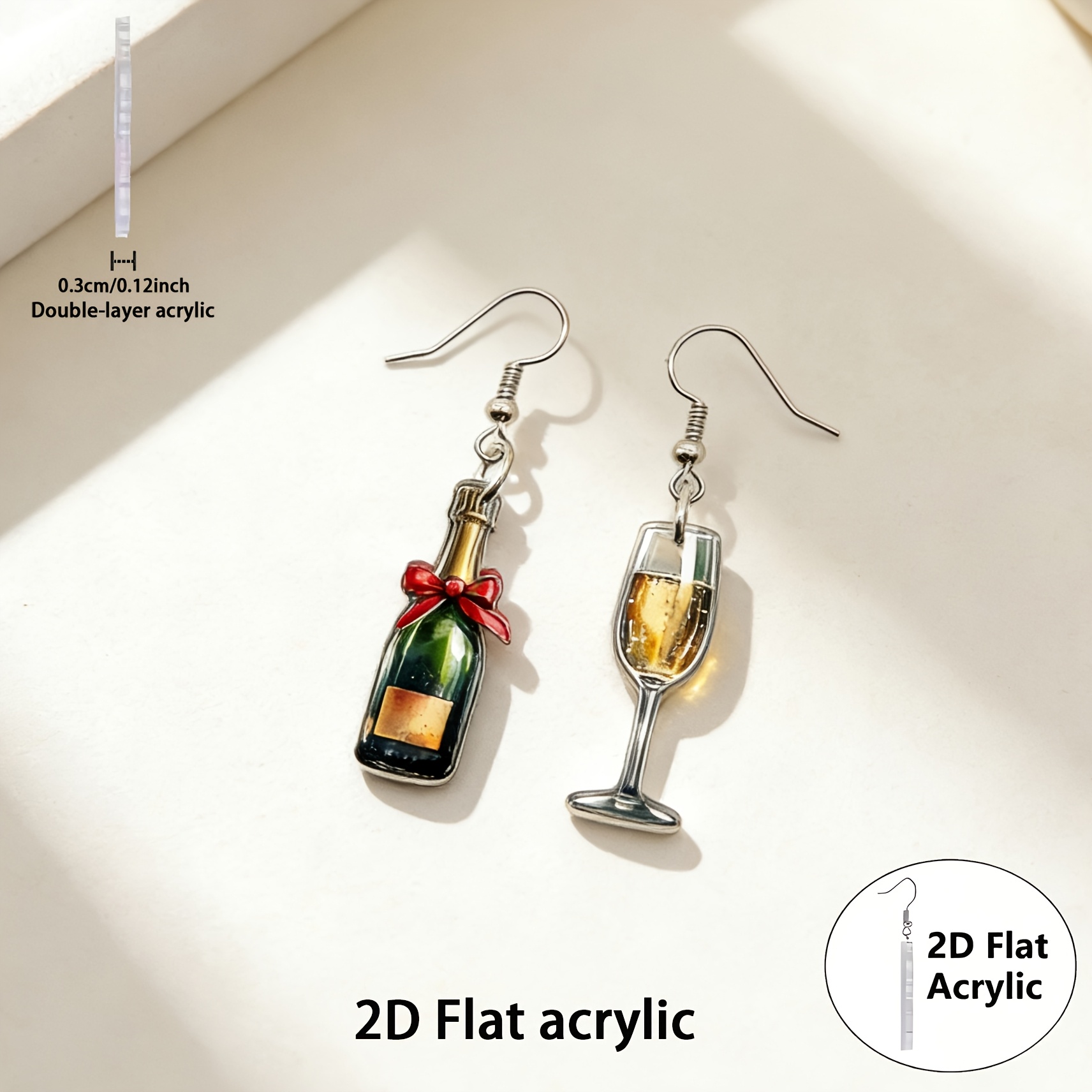 2d Flat, 2d Flat 1pair Watercolor Cute Wine Bottle And Wine Glass Acrylic Cartoon Earrings Accessories Cute Pendant, Suitable For Fans Gifts Jewelry, 2d Flat
