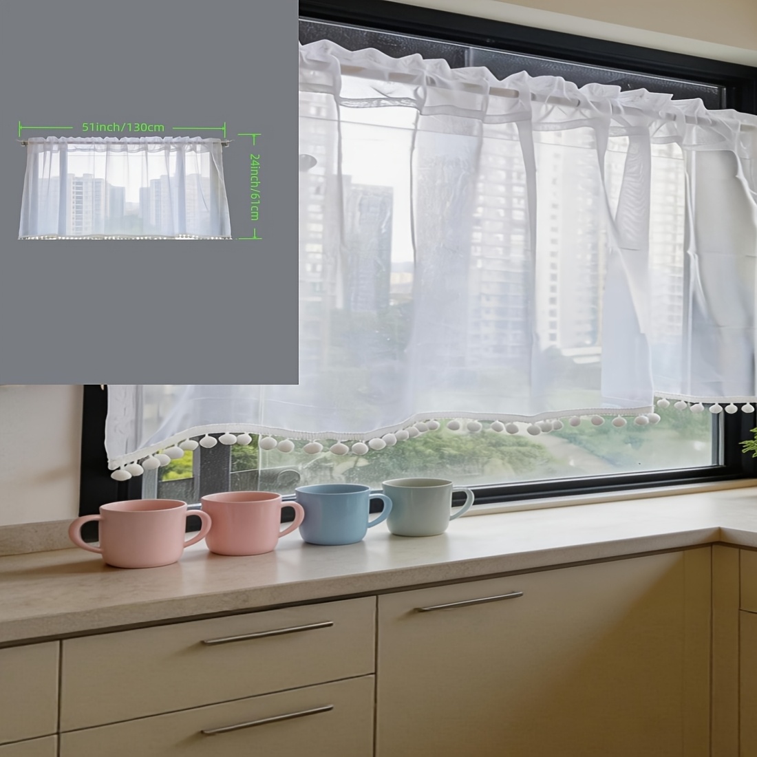 E-shop Pompon Dekor Vorhänge, Breite 51 Zoll/130 cm, Höhe 18-36 Zoll, -ähnlicher Stoff mit Pompon Quasten, Ideal für Küche, Café, Schrank,
