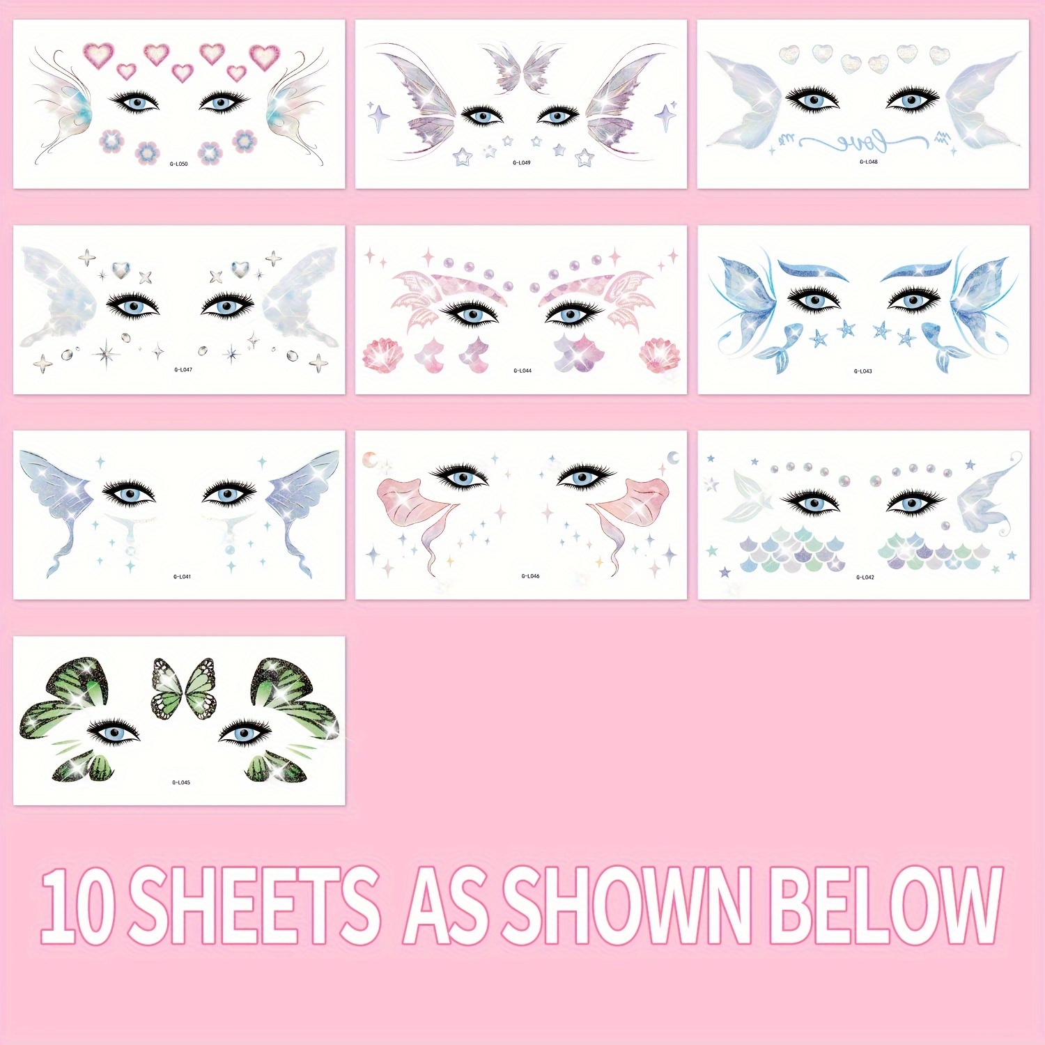 10-pack Glitter Eye Stickers, Temporary Tattoos For Girls, Mermaid Scale Fairy Makeup, Princess Party Favors, Halloween Costume Accessories, Oblong Shape, Carnival/mardi Gras/masquerade