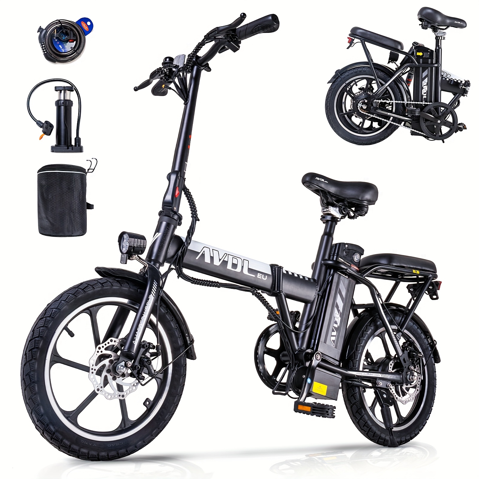 Opvouwbare Elektrische Fiets A10 voor Volwassenen & Tieners - 250W Motor, 36V 11.4Ah Verwijderbare Accu, Snelheid 25km/u en Bereik van 70km, Carbon Stalen Frame, Instelbaar Zadel (1.4-1.75m), Dubbele Schijfremmen, LCD Display, Zwarte Stadse E-Bike, Kwaliteitscomponenten