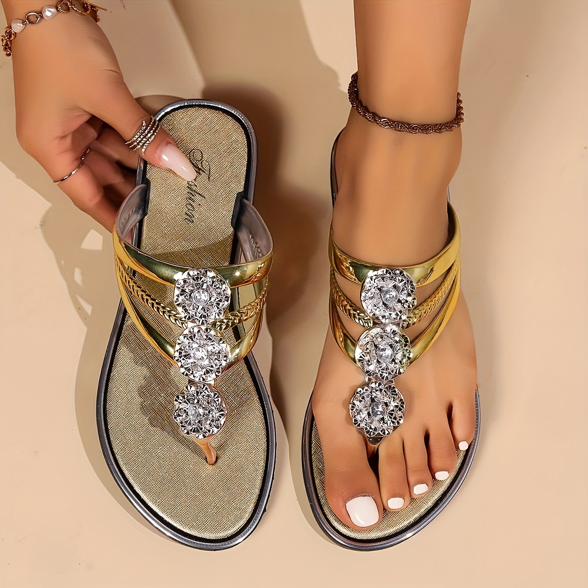 Women's Casual Rhinestone Flip Flop Sandals, Women's Shoe Rhinestones