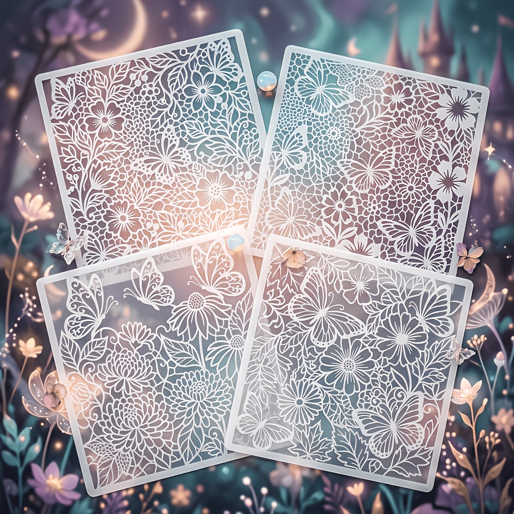 TEMU 4pcs Reusable Lace Stencil Set, Suitable For Diy Spray Painting, Card Making, Scrapbooking, And Fabric Crafts – Includes Bohemian-style Stencils