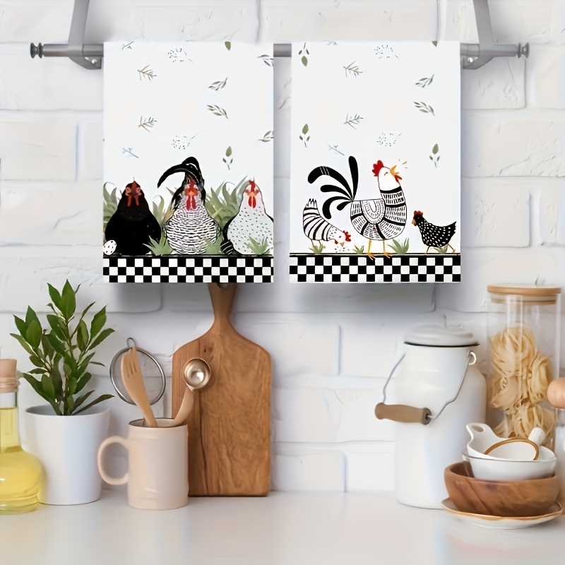 2pcs, Dish Towel Set, Farmhouse Style Rooster & Hen Printed Kitchen Towels, Checkered Microfiber Dishcloths, Absorbent Drying Cloth, Towel, Kitchen Decor, Home & Kitchen Accessory