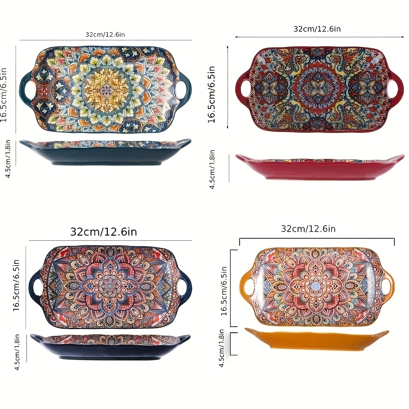 TEMU Set Of 4 Rectangular Bohemian Ceramic Dinner Plates, 12.6 Inch Extra Large Serving Plates With Handles, Vintage Floral Dinnerware For Home