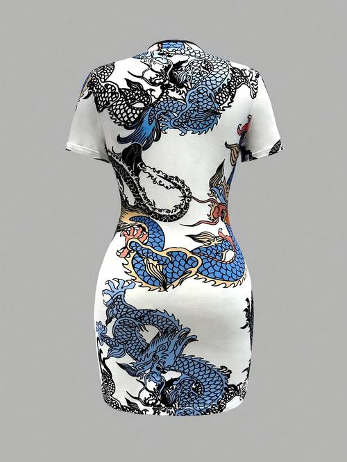dragon print random cut women collar short sleeve elegant dress