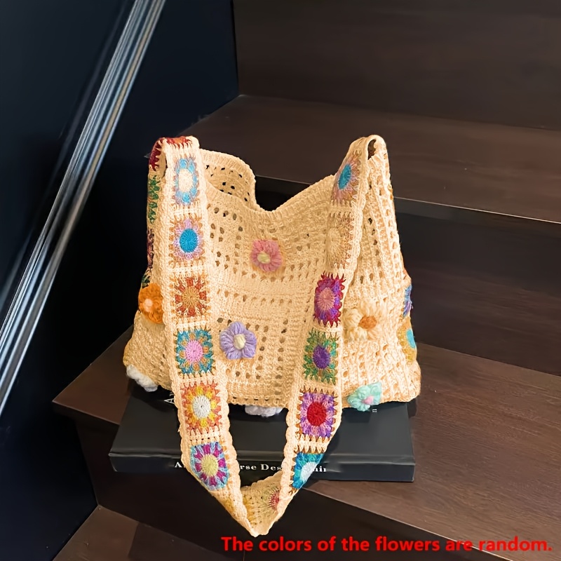 TEMU Gestrickte Blumen Crossbody Bag, Modische Urlaubs- und Freizeit-Schultertasche mit großem Fassungsvermögen, Vielseitige Handtasche, Geeignet für