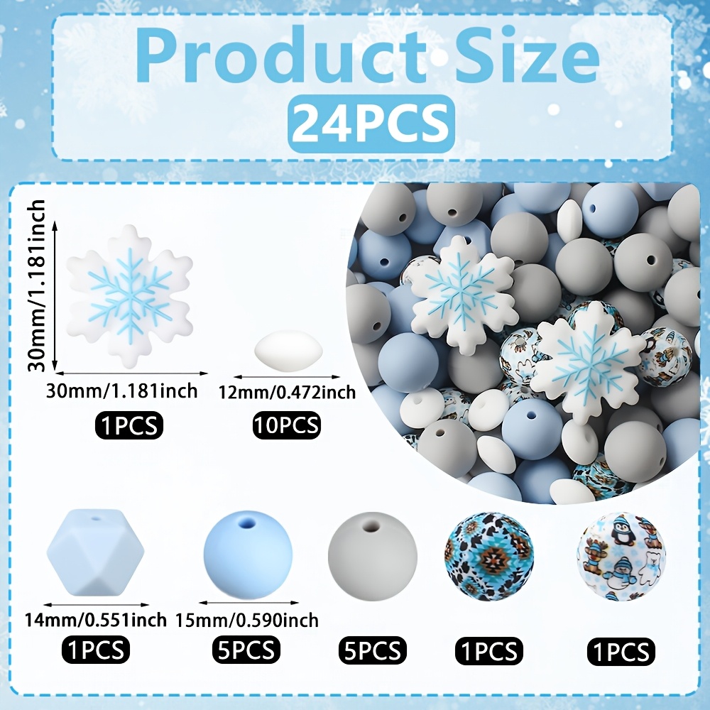 TEMU 24pcs 3d Christmas Winter Snowflake Silicone Bead Set Wholesale - Snowflake Silicone Beads, Suitable For Jewelry Making, Beaded Pen, Bracelet