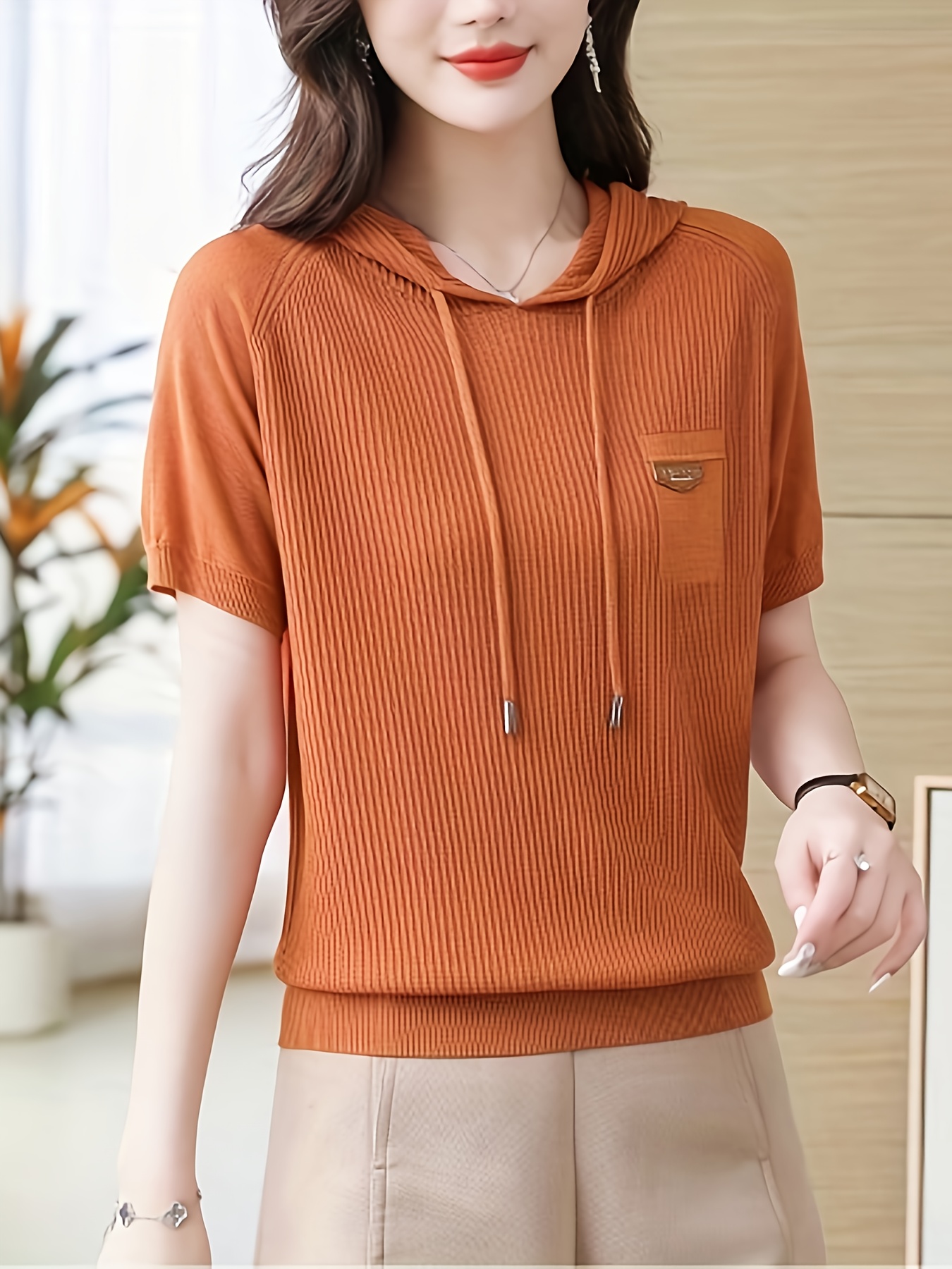 women's lightweight red hooded top elegant short sleeve Temu Canada