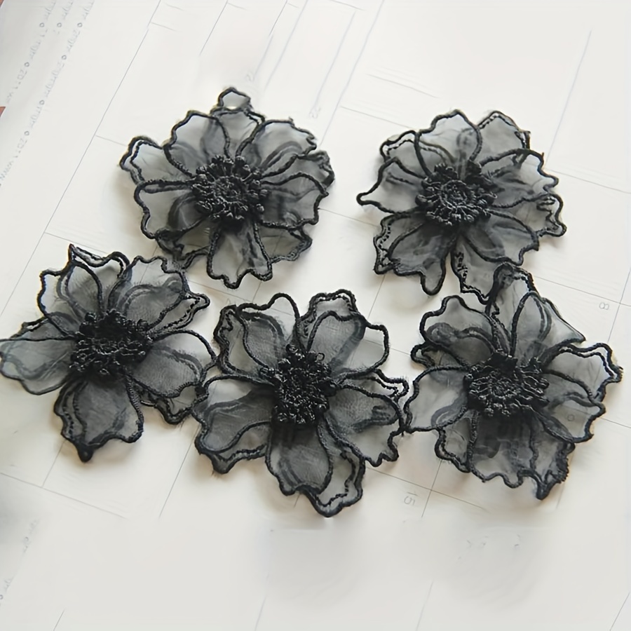 

5pcs Elegant Double-layer Organza Flower Patches, 2.36" - Black & White Floral Appliques For Wedding Dresses & Formal Attire, Fabric Embellishments