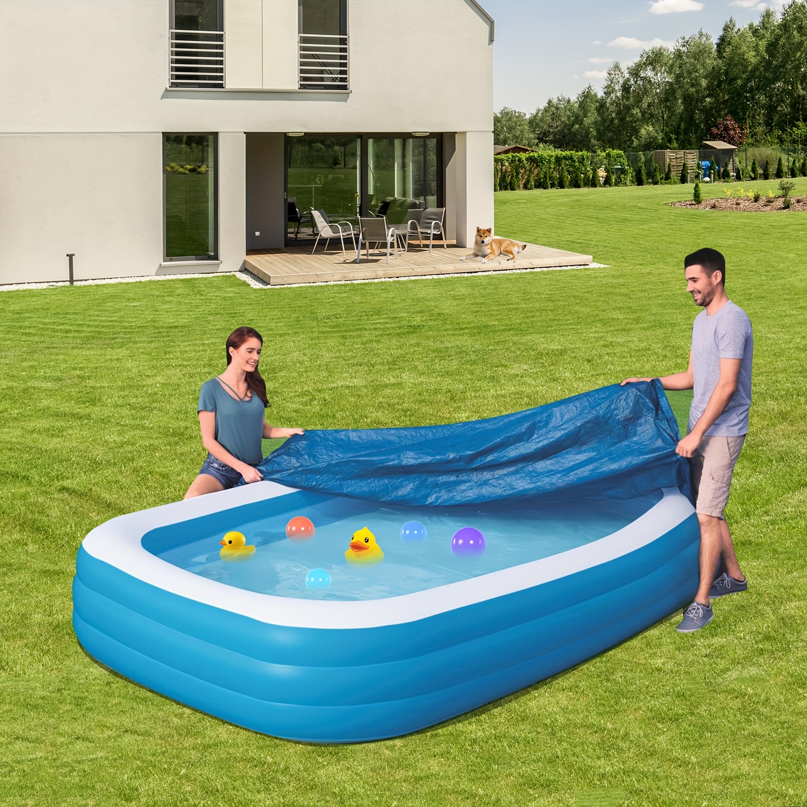 

Heavy-duty Blue Square Inflatable Pool Cover - Waterproof, Dustproof With Elastic Edges For Above Ground Pools
