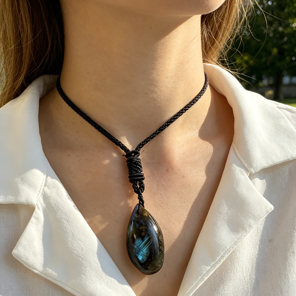 Handmade Iridescent Labradorite Necklace, Boho Water Droplet Pendant