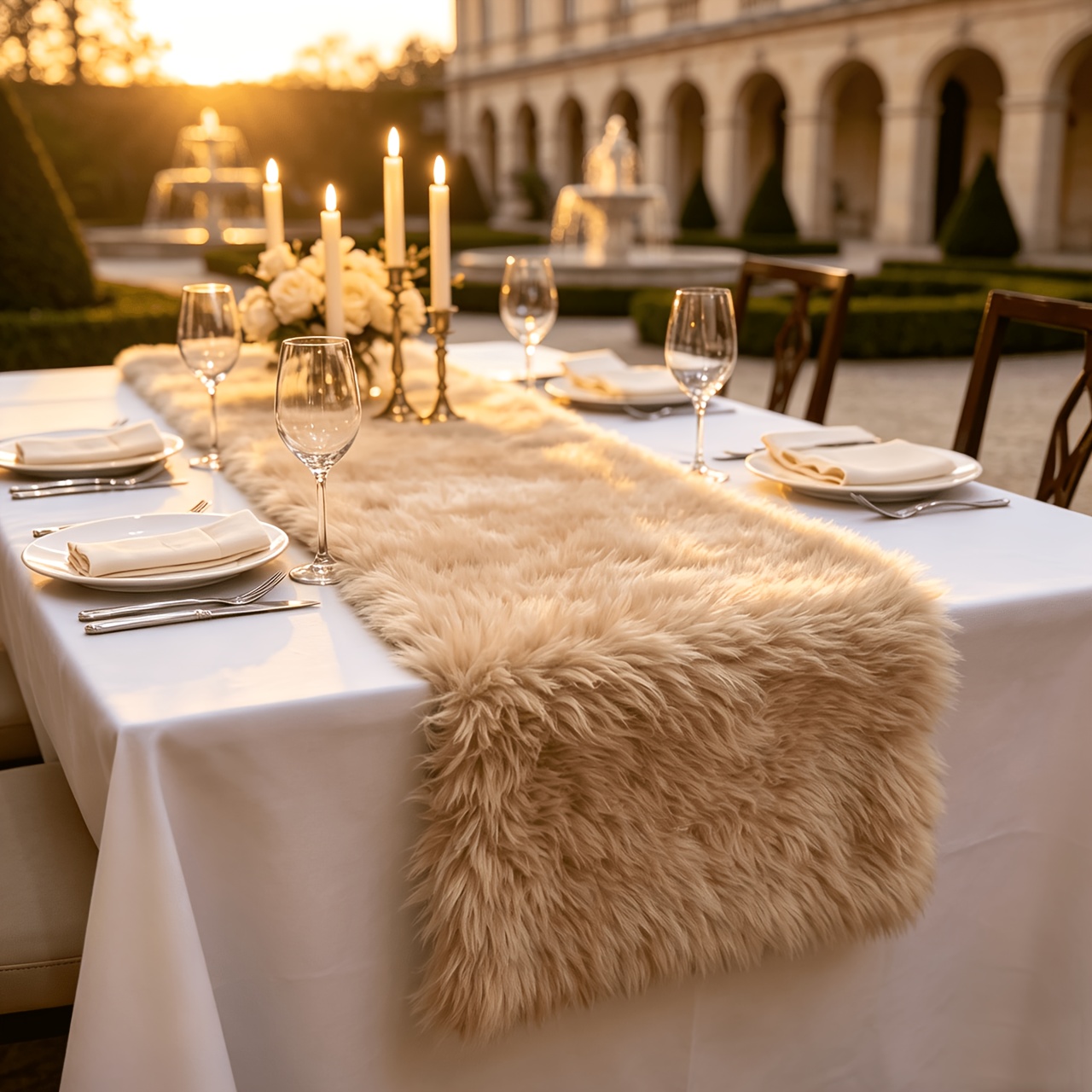 TEMU 1pc 1pcs Luxury Thick Shaggy Faux Fur Table Runner - Khaki Solid Color Long Plush Table Cover Suitable For Christmas, Weddings, Parties, Coffee