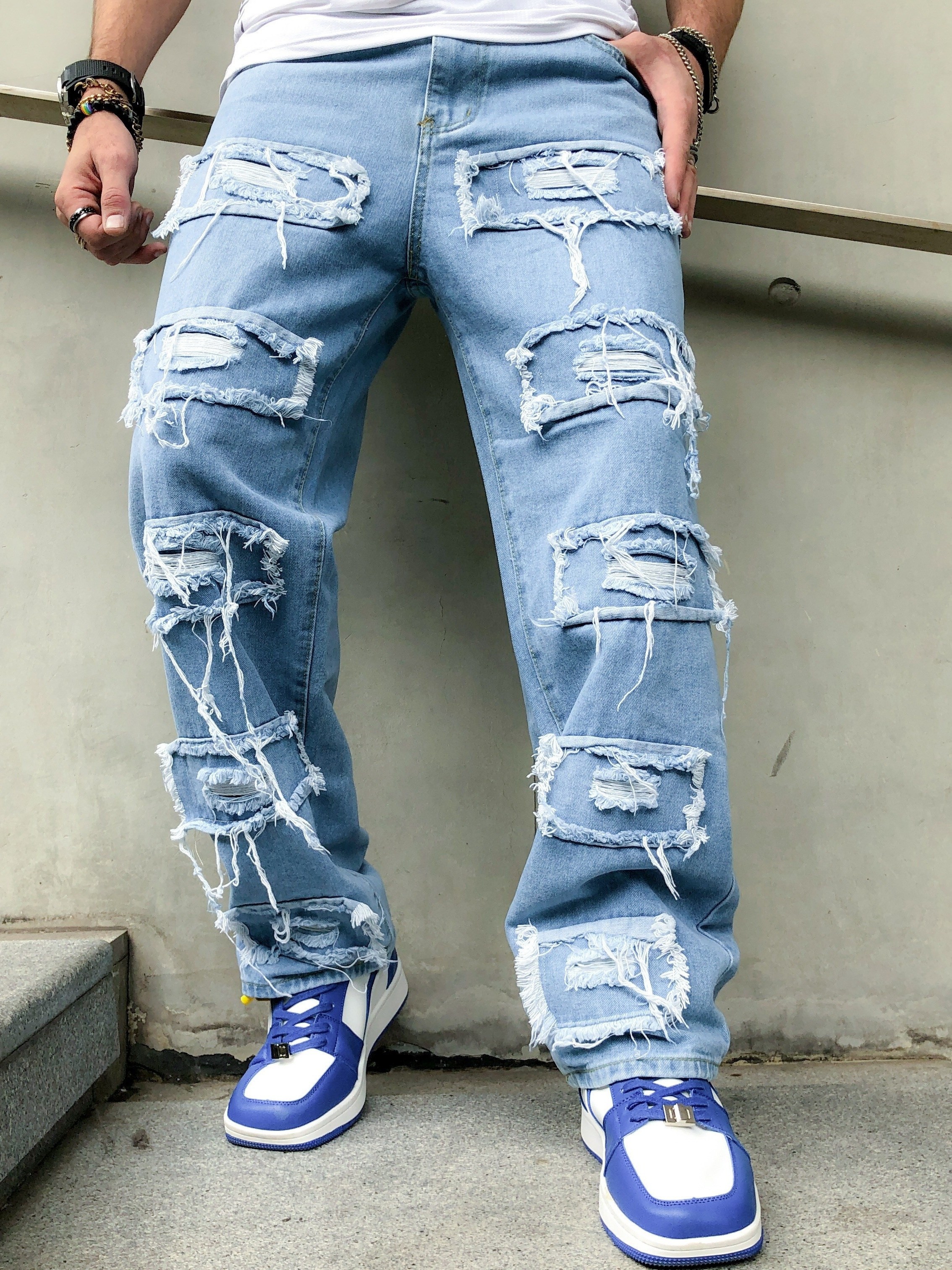 *'s Vintage-Inspired Ripped Jeans with Tassels Loose Fit, Straight Leg  Denim Pants for