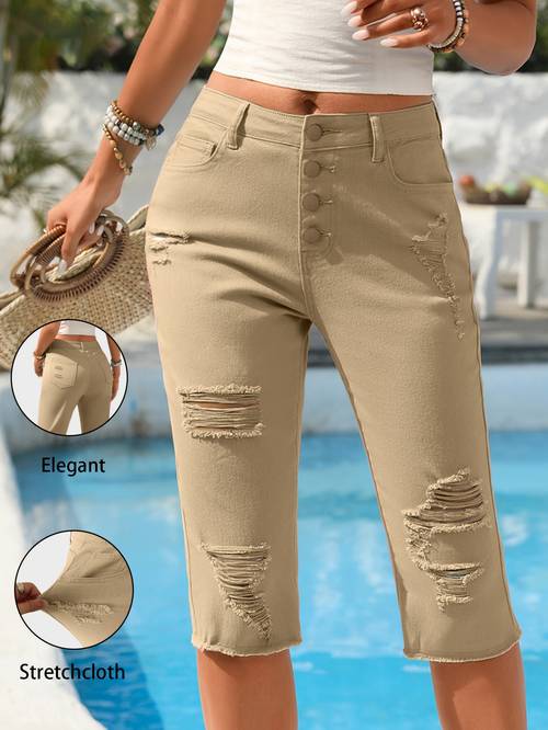 american new casual versatile candy color colorful medium high ripped 6 point capri jeans for women 618595