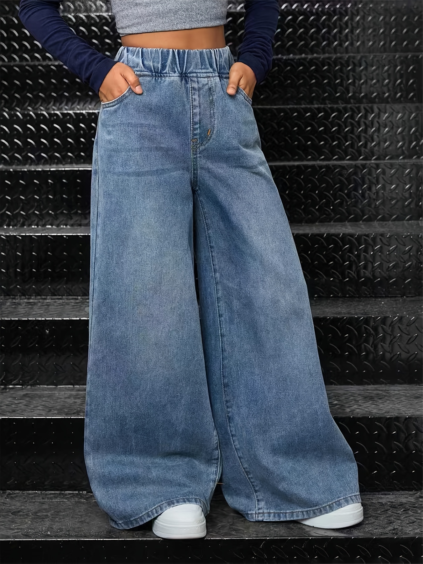 Girl's Straight-leg Jeans, Y2K-style Washed Denim Design for Young Girls, Elastic Stretch Waistband, Loose and Comfortable Fit, Basic Fashionable Cut, Trendy and Cool Street Style, for Daily Outings, Casual Sportswear Pants, Autumn/winter Trousers