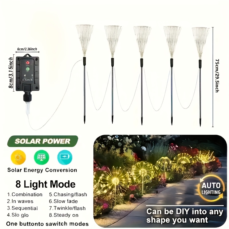 Set de 5 lumini solare cu efect de artificii, 300/400 LED, decor de sărbători, 8 moduri de iluminat, potrivite pentru grădini, curți, case, festivaluri, Crăciun, Halloween, decor pentru petreceri, alimentare solară, instalare portabilă