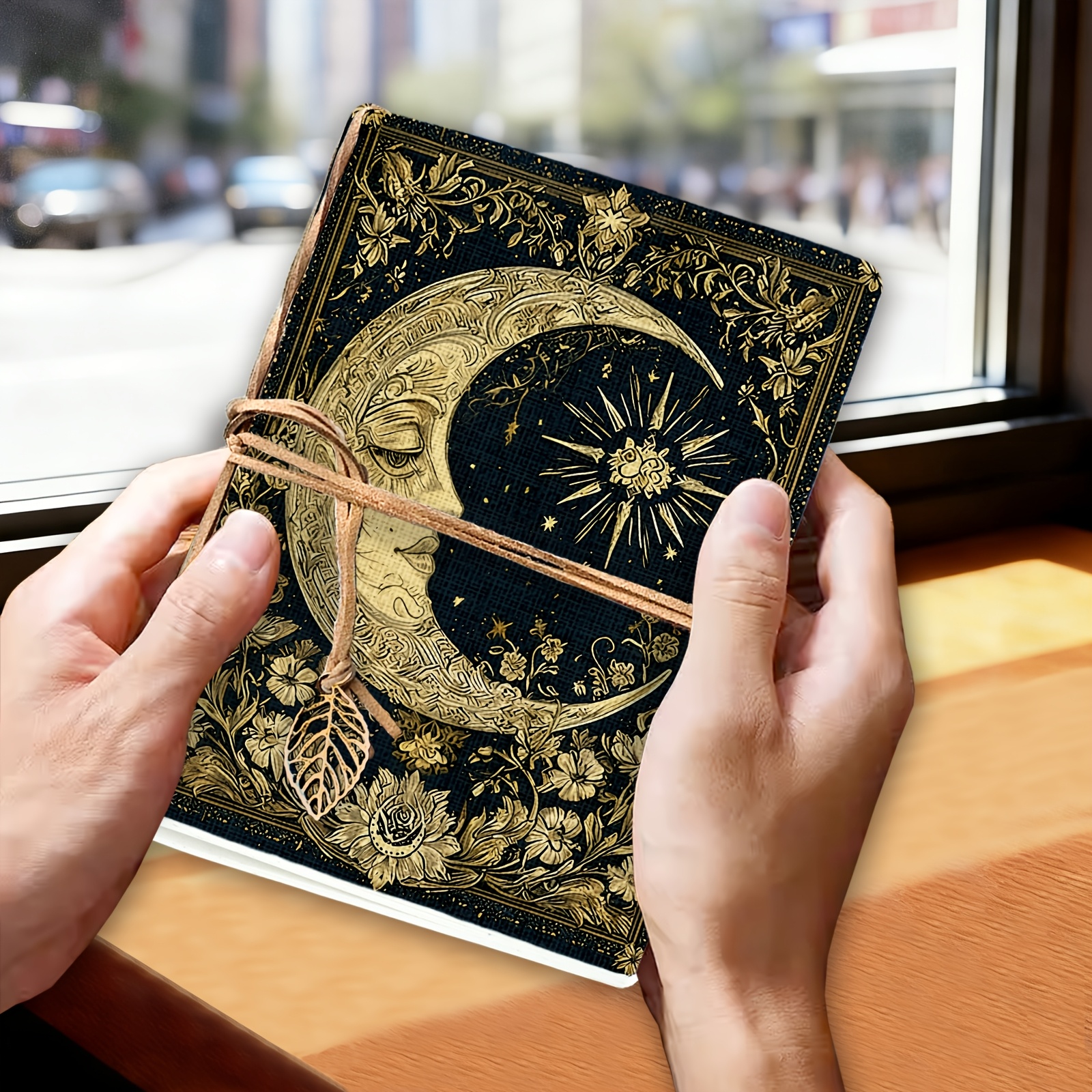 E-shop ., A5, 80 Seiten, Skizzenbuch im Vintage-Mond-Stil, Riemen mit Lederstruktur metallenem blattförmigem Anhänger, leicht zu tragen, leere