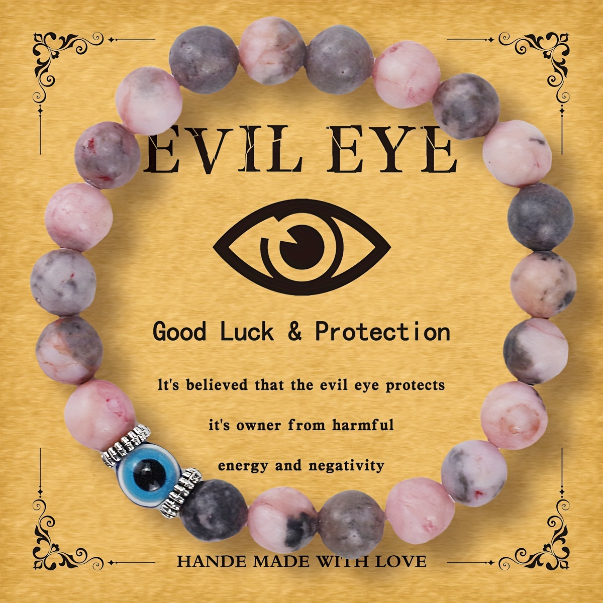 

Handcrafted Natural Stone Bracelet With Evil Eye Charm - Vintage Boho Style, Gift With Lucky Blessing Card