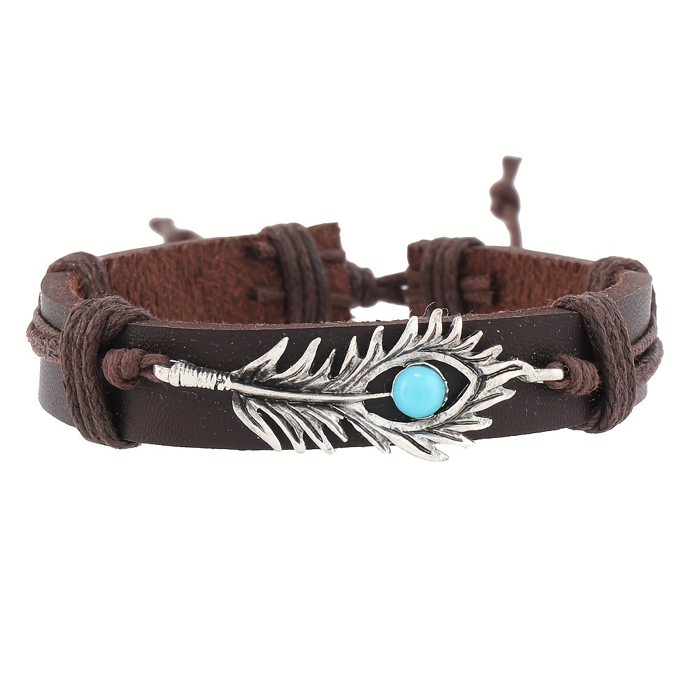 Western Retro Fashion Blue Lapis Feather 6pcs Set Faux Leather Bangles