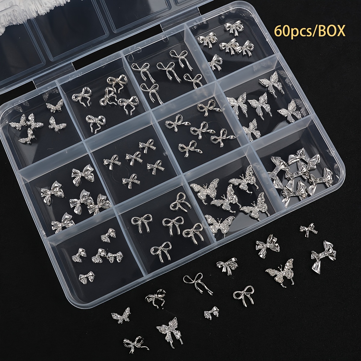 TEMU 60pcs Light Luxury Bow & Mixed Style Set, Nail Art Alloy Charms, Simple White Decorations, Three-dimensional Bow Tie Nail Art Decorative