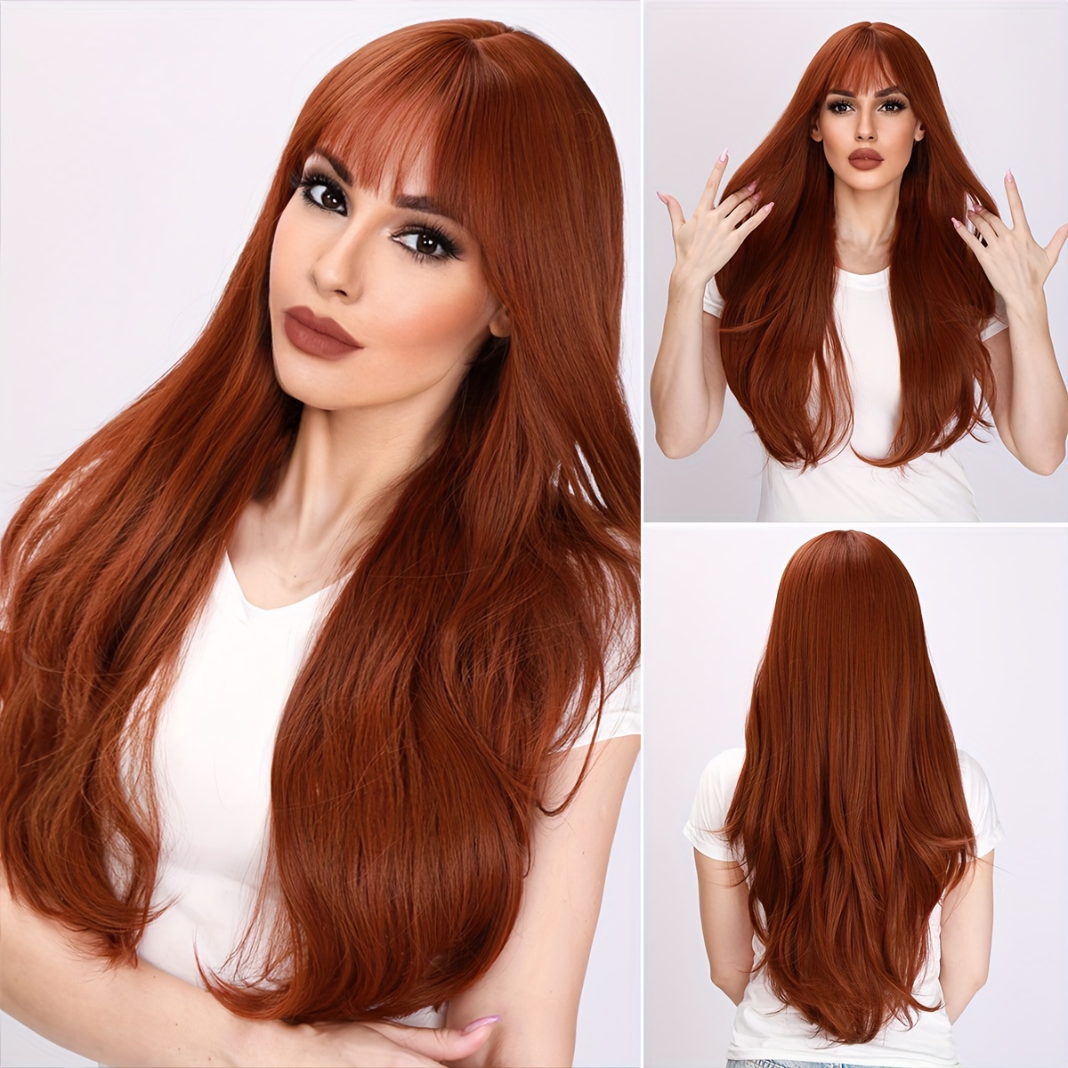 

Long Natural Straight Copper Synthetic Fiber Wig, Curly End, Bangs, Daily Wearing, For Parties, And Cosplay. Good Density, Really , Soft To The Touch, Comfortable And Easy To , , 26 Inches.