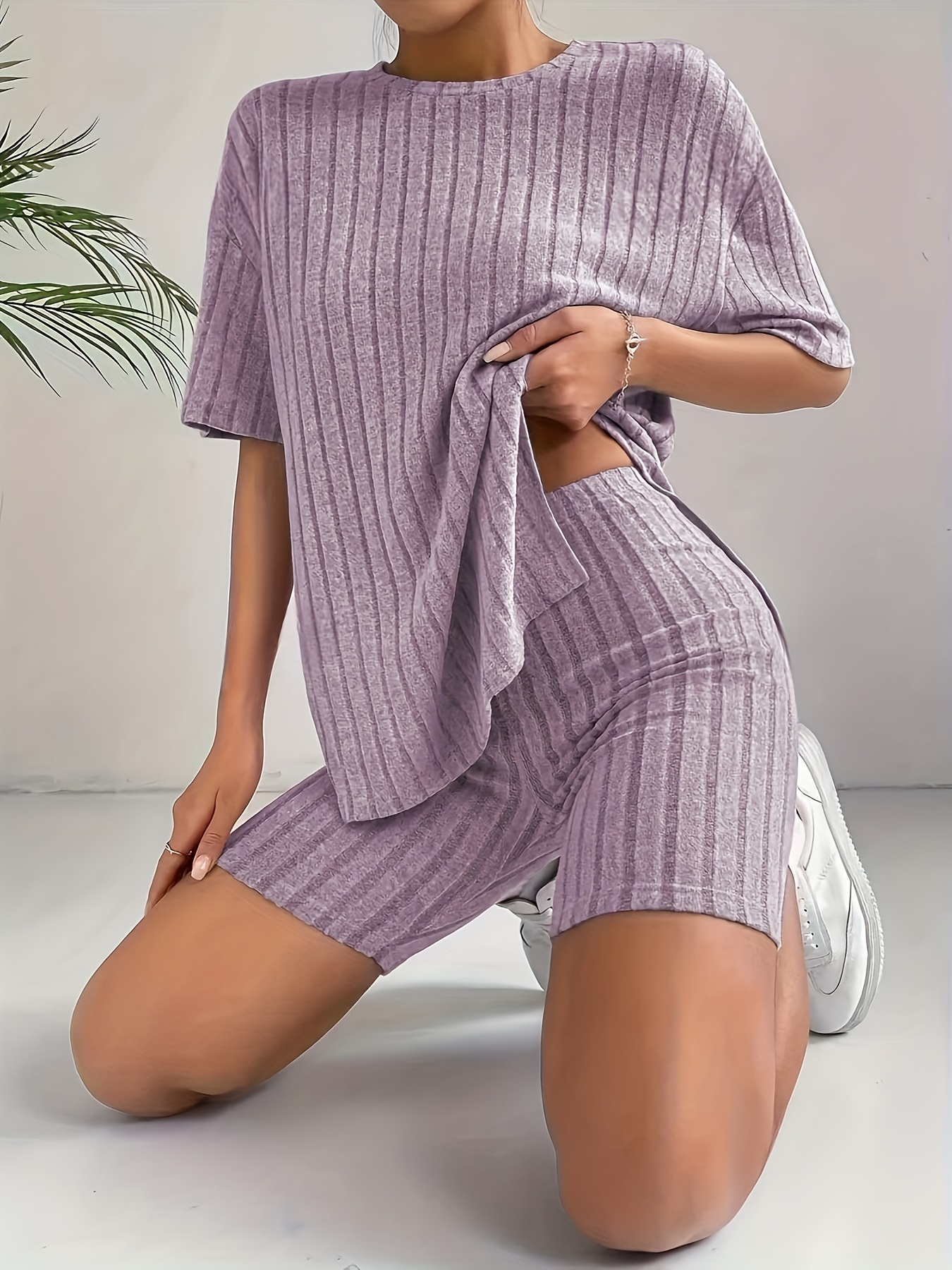 solid color short sleeve crew neck top and high waisted fitted shorts casual two piece set