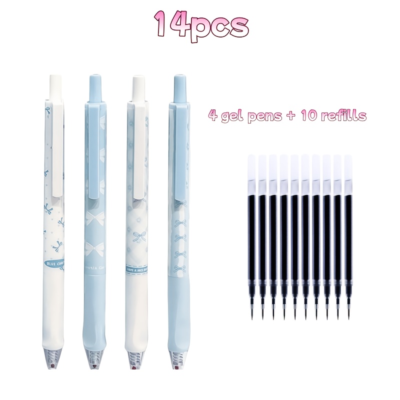 TEMU 14pcs Set Of Cute Retractable Pens With Bows, [4pcs Pens And 10pcs Refills] 0.5mm Fine Tip Black Ink Smooth Writing Office School Supplies