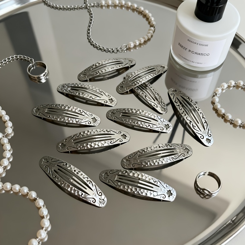 TEMU 10pcs Of Roman Style Niche Design, Silvery Retro Oval Hair Clip, Broken Hair Side Clip, Exotic Style Large Pattern Bb Clip, Retro Front Broken Hair Clip Side Clip, Hair Accessory Back Clip