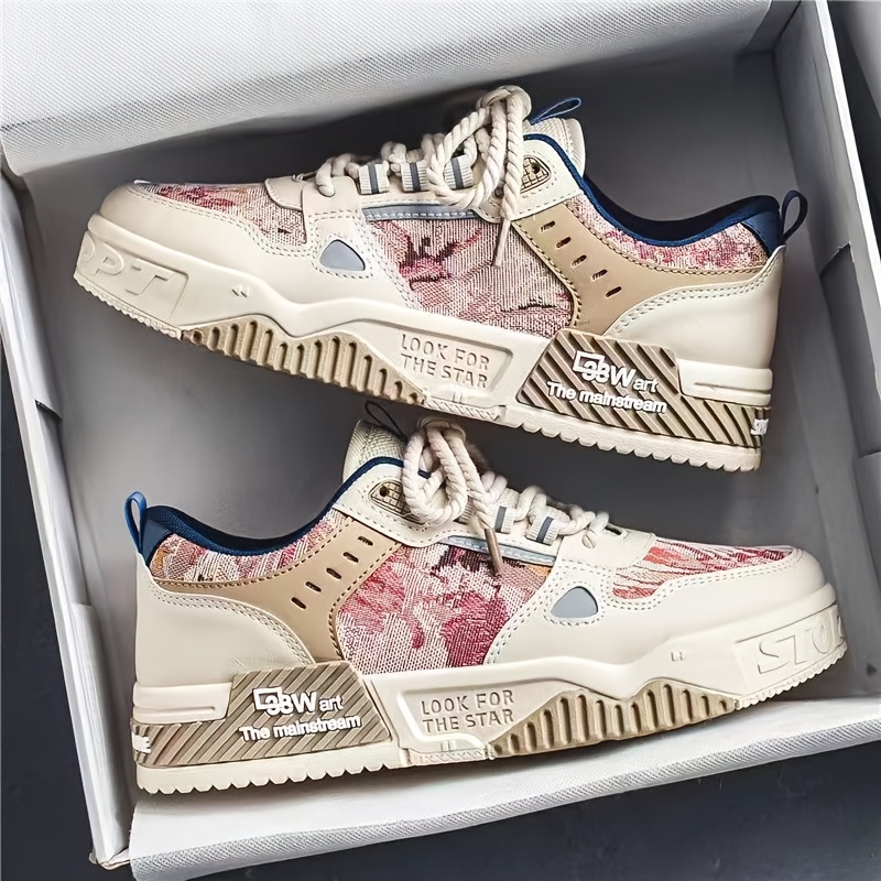 Men's Trendy Chunky Shoes, Vintage Street Style Lace-up Sneakers With Patterned Panels, Durable Non-slip Shoes For Daily .