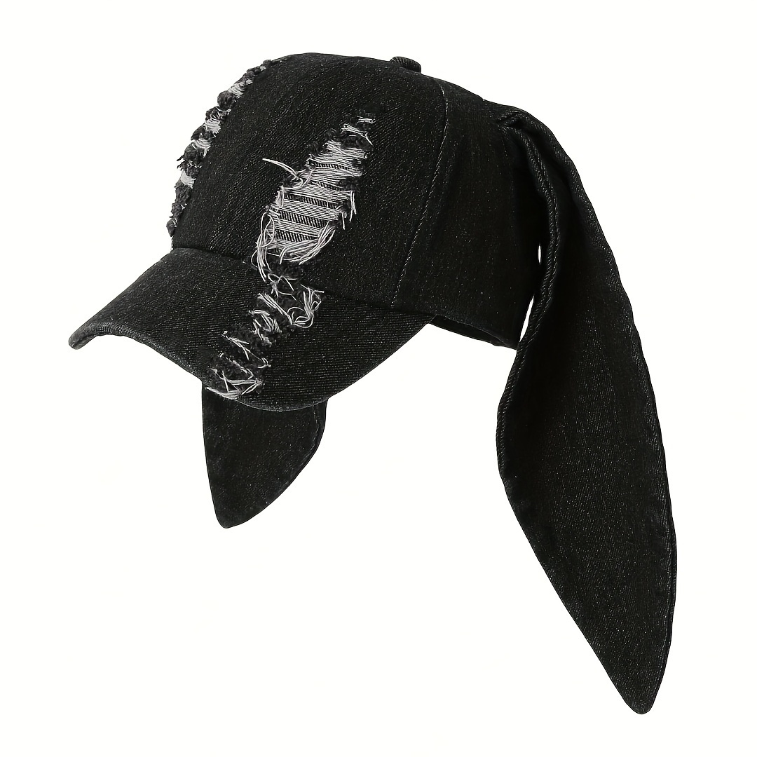 Accessory, Chic Distressed Bunny Ears Baseball Cap For Women - Adjustable, Lightweight, Washed Denim Look, Perfect For Outdoor Activities