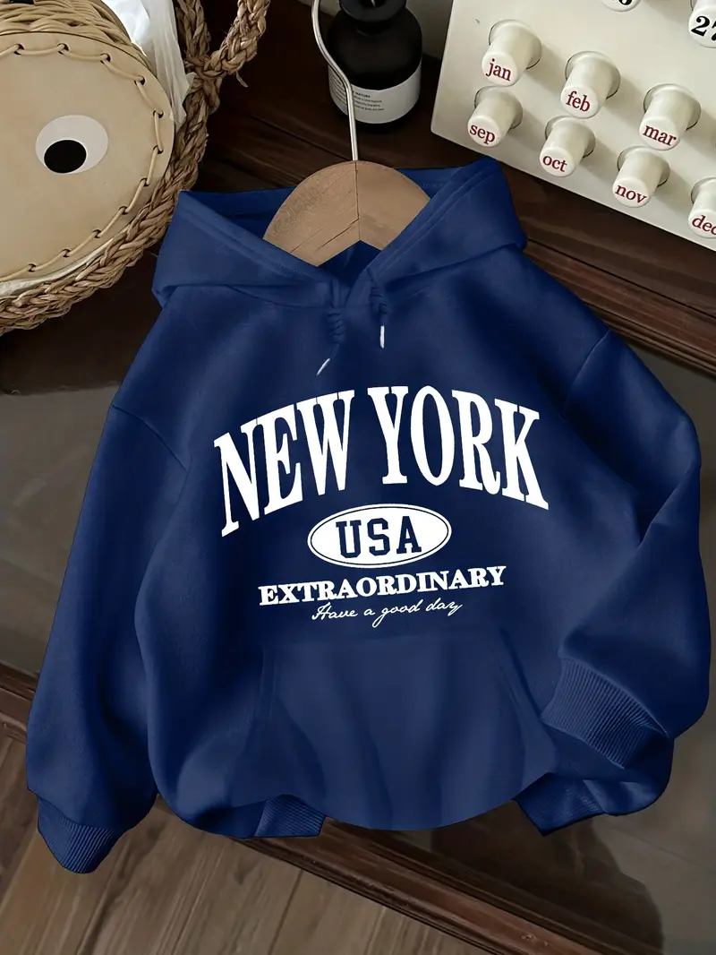 sweat à capuche pour femme bleu marine usa avec imprimé de lettres - pull décontracté à manches longues avec lettrage, coupe régulière, chaud pour l hiver Détails du produit 5