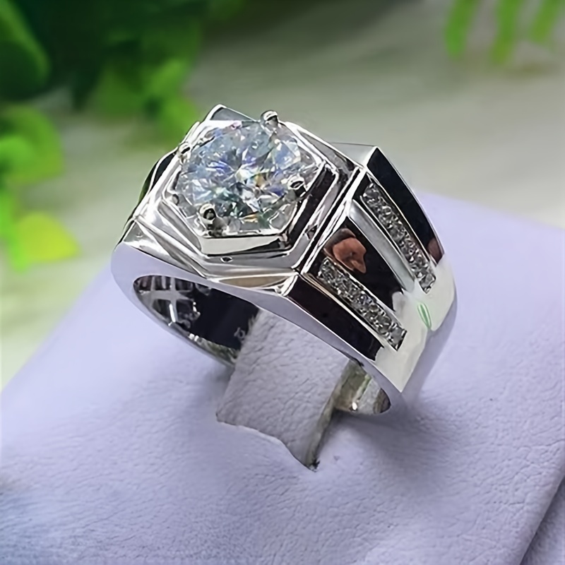Luxurious And s Ring With And Fashionable Design Featuring A Large Hexagonal Four prong Round Synthetic Zirconia Main Stone