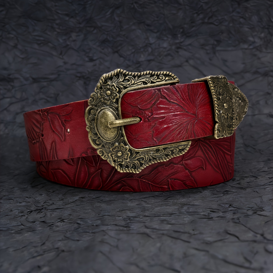 TEMU 1 Bohemian Style Men's Belt | Wine Red With Western Cowboy Inspired Golden Alloy , Faux Leather, Ideal For Casual Wear, Vacation, Spring, Street