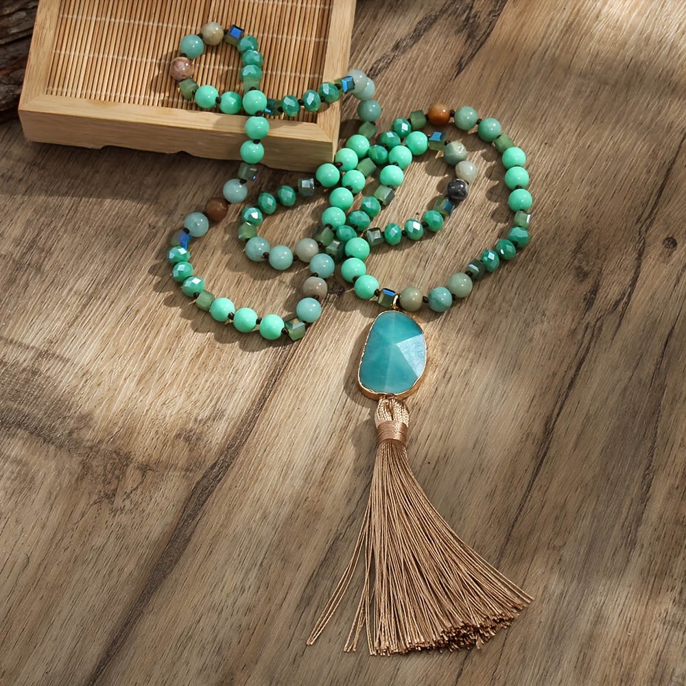 Boho Ethnic 8mm Stone Glass Knot Necklace