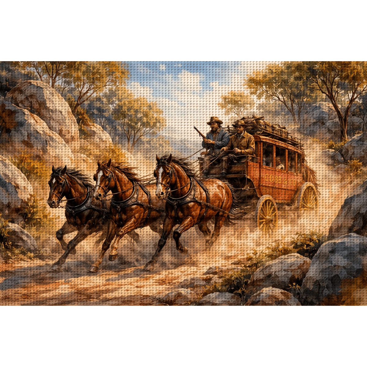 TEMU 1pc Jozysh Cobb & Co Cross Stitch Kit - Horse & Wagon Pre-printed Fabric Suitable For, Needlepoint Gift, Horse-themed Embroidery Craft,