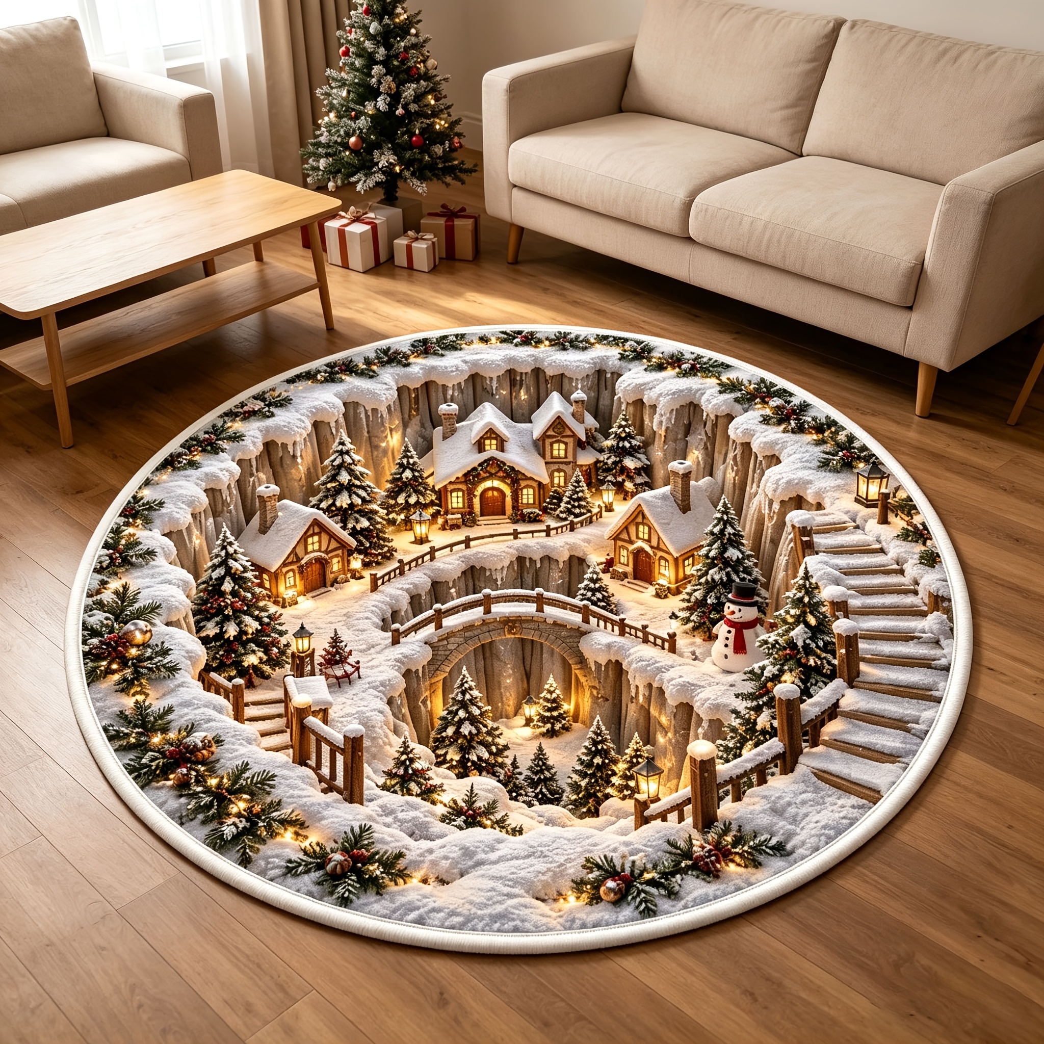 TEMU Velvet Round Rug, 1pc, Christmas Scene Printed Doormat, Living Room Decor Plush Carpet, Cozy Decor Area Rug, Winter Floor Mat, Washable Floor