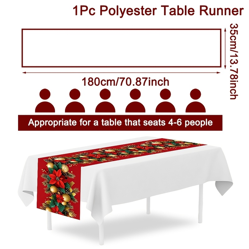 TEMU 1pc Themed Table Runner, 180 X 35cm Polyester Tablecloth Featuring Poinsettia & Pine Cone Patterns, Washable Elegant Xmas Home Kitchen Dining